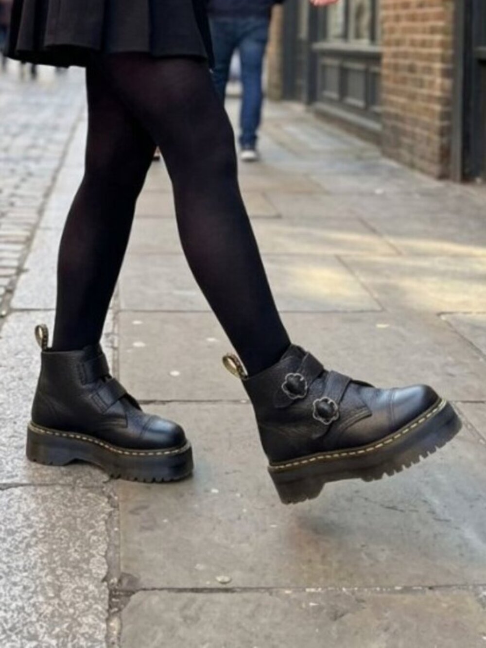 Dr. Martens Women's Devon Flower Buckle Black Leather Platform Boots
